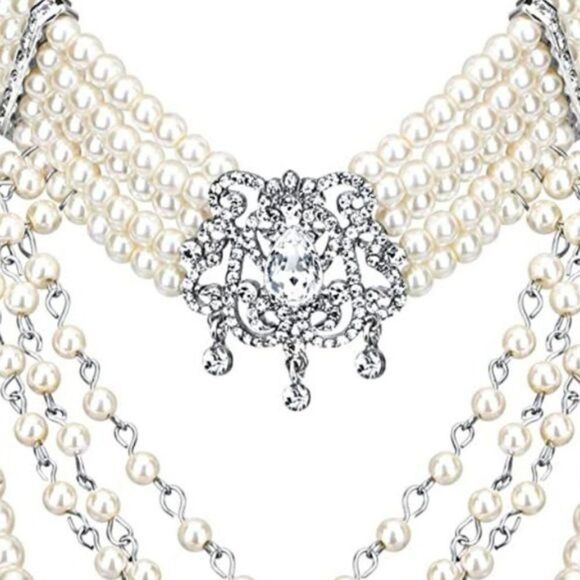 Silver with Crystal and Faux Pearl Vintage Victorian Style Bib Collar Necklace - Picture 3 of 6